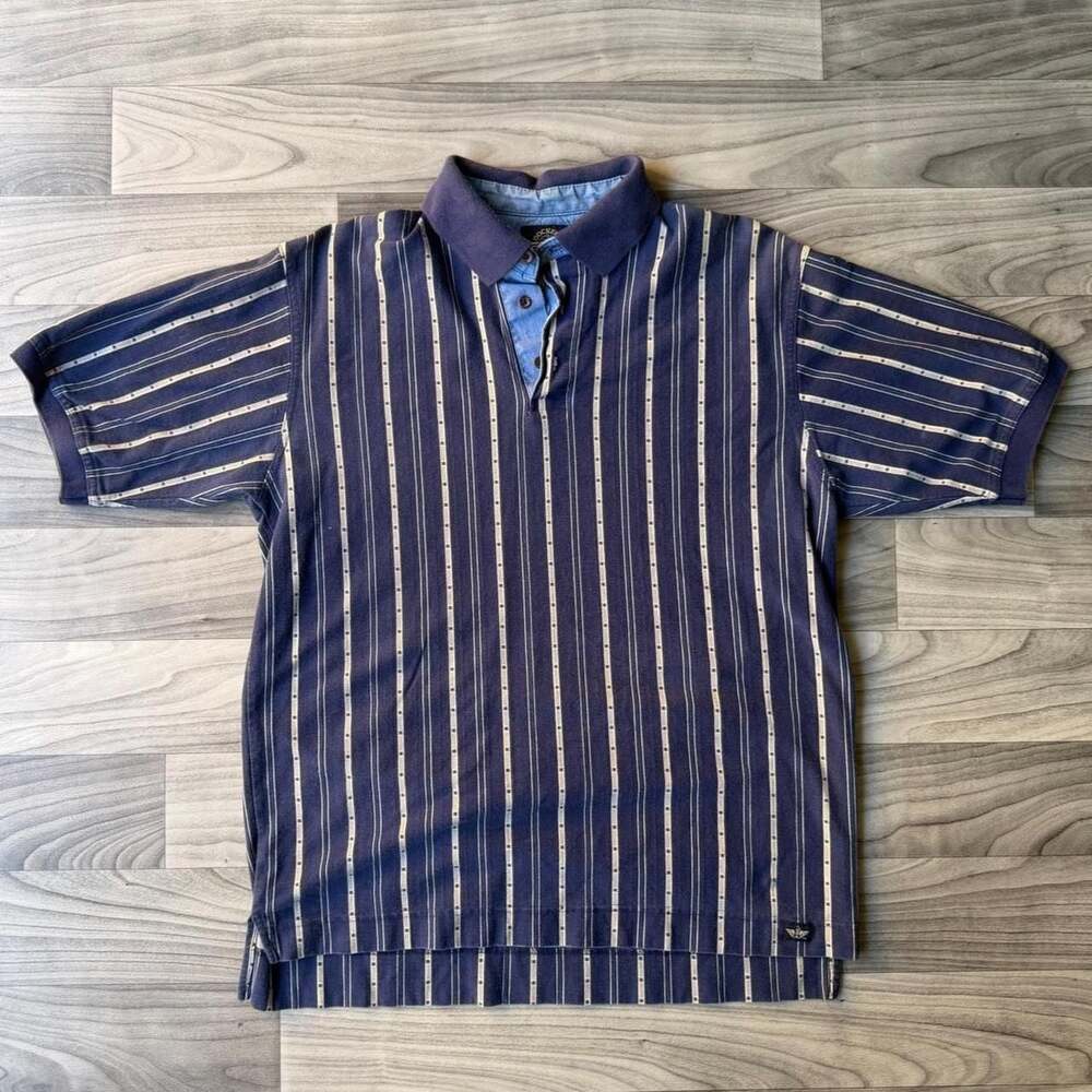 Vintage Dockers Y2K Striped Polo Shirt Navy Blue Size M